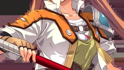 Illustration officielle d’Estelle Bright dans son uniforme de bracer orange et jaune, bâton en main