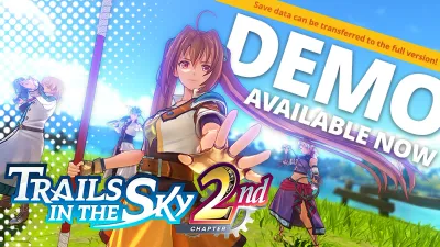 官方试玩版宣传图:DEMO AVAILABLE NOW 横幅,Estelle 与 Scherazard 站在 2nd Chapter 标志前