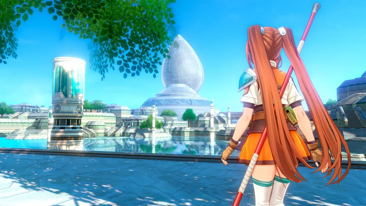 Official store screenshot of Estelle in a sunlit Liberl city plaza with an orbal tower behind her