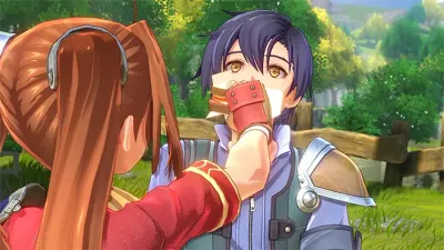 官方剧情场景图:Scherazard 背对镜头,面对 Joshua、Estelle 与 Agate 站在石砌通道上